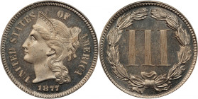1877 Nickel Three-Cent Piece. Proof-64 Cameo (PCGS). CAC.
This is a charming specimen with satin to modestly reflective surfaces beneath a dusting of...