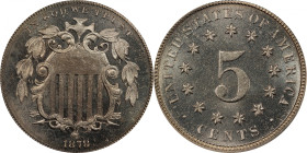 1878 Shield Nickel. Proof-66 (PCGS).
Virtually brilliant with a bright silver-gray appearance, this charming specimen is a conditionally scarce survi...