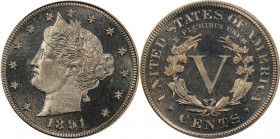 1891 Liberty Head Nickel. Proof-66 Cameo (PCGS).
This smartly impressed, nicely cameoed specimen is untoned apart from the lightest champagne-gold ti...