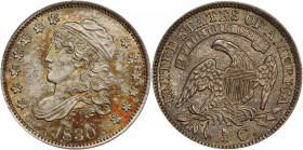 1830 Capped Bust Half Dime. LM-13. Rarity-3. MS-66 (PCGS).
This otherwise light pewter-gray example exhibits enhancing blushes of vivid olive and red...