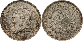 1837 Capped Bust Half Dime. LM-1. Rarity-1. Large 5 C. MS-65 (PCGS).
A predominantly silver-gray example with enhancing blushes of iridescent reddish...
