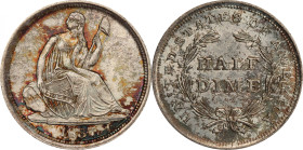 1837 Liberty Seated Half Dime. No Stars. Large Date. MS-66 (PCGS).
Elegant silver-tinged surfaces with enhancing reddish-russet iridescence to the ob...