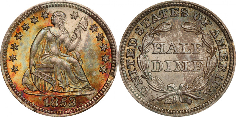 1853 Liberty Seated Half Dime. No Arrows. V-1. MS-66+ (PCGS). CAC.
Exquisite su...