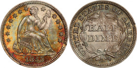 1853 Liberty Seated Half Dime. No Arrows. V-1. MS-66+ (PCGS). CAC.
Exquisite surfaces offer intense satiny mint luster and, on the obverse, exception...