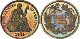 1865 Liberty Seated Half Dime. Proof-64 Cameo (PCGS). CAC.
Luxurious reddish-bronze and olive-copper patina adorns the obverse, while for the equally...