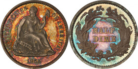 1866 Liberty Seated Half Dime. Proof-64 Cameo (PCGS).
Rich reddish-bronze and olive-gray obverse toning contrasts with steel-blue and deep mauve colo...