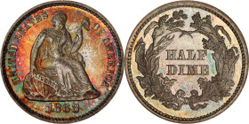 1868 Liberty Seated Half Dime. Proof-65 (PCGS).
A beautiful cabinet-toned Gem with mottled reddish-russet iridescence to the obverse, splashes of ste...