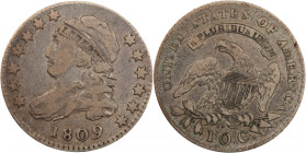 1809 Capped Bust Dime. JR-1, the only known dies. Rarity-3+. VF-20 (PCGS).
Warm, even dove-gray patina overall with intermingled pale lilac and blue ...