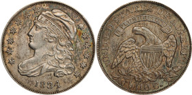 1834 Capped Bust Dime. JR-6. Rarity-2. Large 4. MS-62 (PCGS).
Boldly to sharply struck with olive-russet peripheral toning on the obverse, the revers...