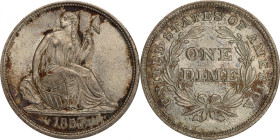 1837 Liberty Seated Dime. No Stars. Fortin-101b. Rarity-2. Large Date. Repunched Date. MS-65 (PCGS).
The Millholland Collection 1837 No Stars dime of...