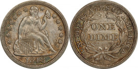 1848 Liberty Seated Dime. Fortin-101. Rarity-3. MS-64 (PCGS). CAC.
Undeniable originality takes the form of delicate powder blue and pale olive-russe...