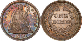 1850 Liberty Seated Dime. MS-65 (PCGS). CAC.
Blended olive-russet and smoky-silver patina with the obverse a bit more colorful than the reverse, than...