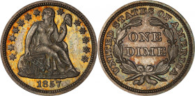 1857 Liberty Seated Dime. MS-65+ (PCGS). CAC.
Splashed with iridescent olive toning over a base of warm pewter-gray, both sides of this gorgeous exam...