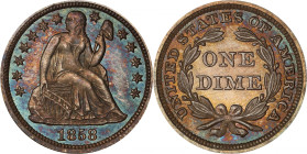1858 Liberty Seated Dime. MS-65 (PCGS).
Soft pewter-gray and rose-russet patina adorns both sides, the obverse in particular with vivid cobalt blue u...