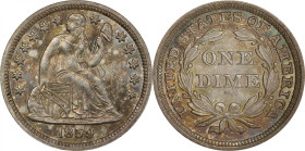 1859 Liberty Seated Dime. Fortin-105. Rarity-2. MS-64+ (PCGS). CAC.
A wonderfully original example dressed in a base of antique silver-gray iridescen...