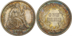 1862 Liberty Seated Dime. MS-66+ (PCGS). CAC.
Enchanting premium Gem surfaces exhibit mottled peripheral highlights of steel-blue, olive-russet and r...
