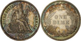 1864 Liberty Seated Dime. Proof-65 (PCGS). CAC.
This wonderfully original Gem displays a familiar pattern of toning for a Proof Liberty Seated dime f...