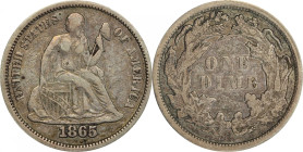 1865 Liberty Seated Dime. Fortin-101b. Rarity-6. Repunched Date. VF-35 (PCGS).
Warmly patinated in pewter-gray with intermingled olive-russet highlig...