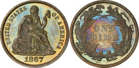 1867 Liberty Seated Dime. Proof-66+ (PCGS). CAC.
This handsome specimen is awash in rich toning of olive-russet, smoky silver-gray and steel-blue, th...