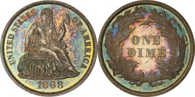 1868 Liberty Seated Dime. Proof-65+ (PCGS).
Mottled sandy-russet and pewter-gray patina to both sides, the reverse periphery is further adorned with ...