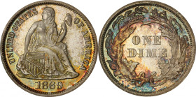1869 Liberty Seated Dime. Proof-65+ (PCGS). CAC.
Swaths of bold peripheral toning in olive-russet, sandy-red and steel-blue enliven otherwise pewter-...