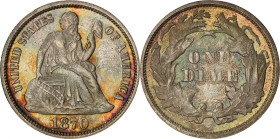 1870 Liberty Seated Dime. MS-64 (PCGS). CAC.
Mottled reddish-olive to a base of antique silver, the obverse contrasts with a more boldly toned revers...