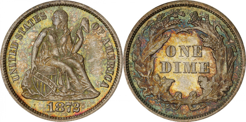 1872 Liberty Seated Dime. Fortin-106. Rarity-4. Repunched Date. MS-65+ (PCGS). C...