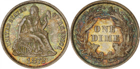 1872 Liberty Seated Dime. Fortin-106. Rarity-4. Repunched Date. MS-65+ (PCGS). CAC.
This dreamy Gem is dressed in rich, mottled cabinet toning that s...
