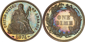 1874 Liberty Seated Dime. Arrows. Proof-65 (PCGS).
Pewter-gay patina overall with mottled olive-russet and, around the reverse periphery only, steel-...