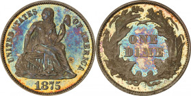 1875 Liberty Seated Dime. Proof-65 Cameo (PCGS).
This gorgeous specimen is boldly toned in blended olive-copper and mauve-gray patina. Vivid multicol...