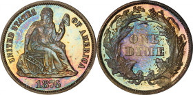 1876 Liberty Seated Dime. Proof-66 Cameo (PCGS).
Boldly toned in rich, multicolored iridescence, this captivating Gem also sports an elegant cameo fi...