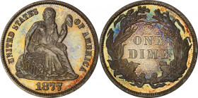 1877 Liberty Seated Dime. Proof-65 (PCGS).
Blended olive-russet, steel-blue, pewter-gray and brick-red patina delivers similar originality to that se...