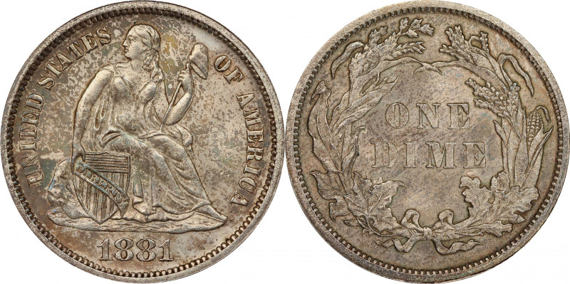 1881 Liberty Seated Dime. Fortin-101a. Rarity-4. MS-64 (PCGS).
A predominantly ...