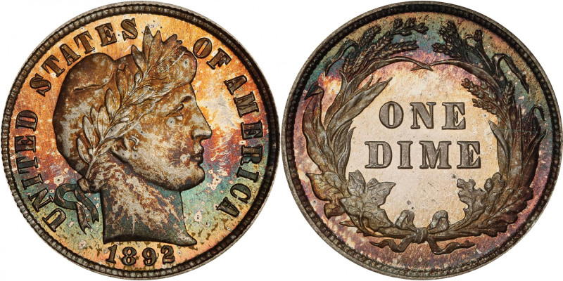 1892 Barber Dime. Proof-67 (PCGS).
Vivid undertones of champagne-apricot and ol...