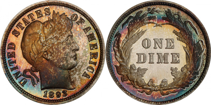 1893 Barber Dime. Proof-67+ (PCGS).
Mottled overtones of olive-apricot, salmon-...