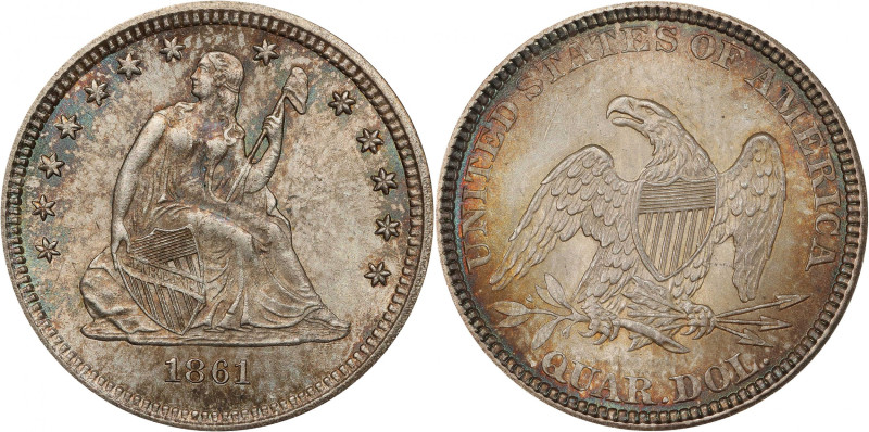 1861 Liberty Seated Quarter. MS-64+ (PCGS). CAC.
Lustrous and smooth-looking su...