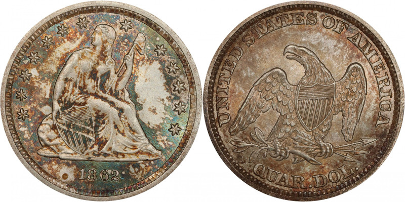 1862 Liberty Seated Quarter. MS-66 (PCGS).
Exquisite obverse toning greets the ...