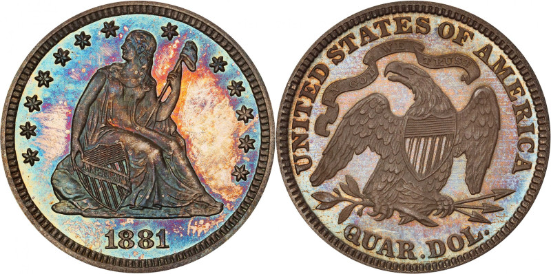 1881 Liberty Seated Quarter. Proof-66 (PCGS). CAC.
The obverse exhibits handsom...