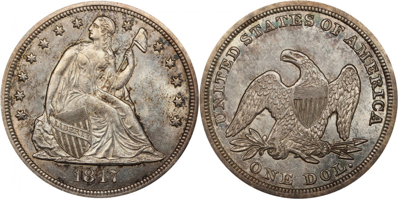 1847 Liberty Seated Silver Dollar. OC-2. Rarity-1. MS-62 (PCGS).
Delightful sat...