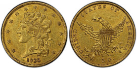 1835 Classic Head Half Eagle. HM-1. Rarity-2+. AU-55 (PCGS). CAC.
A fully original piece with glints of orange on otherwise honey-olive surfaces. Mor...