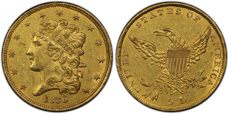 1836 Classic Head Half Eagle. HM-7. Rarity-3. AU-55 (PCGS).
Delightful golden-a...