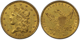 1836 Classic Head Half Eagle. HM-7. Rarity-3. AU-55 (PCGS).
Delightful golden-apricot and warm olive colors are seen on both sides of this sharply de...