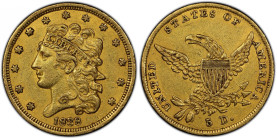 1838 Classic Head Half Eagle. HM-1. Rarity-3. AU-53 (PCGS). CAC.
Wisps of orange-apricot iridescence enliven otherwise golden-honey surfaces. An orig...