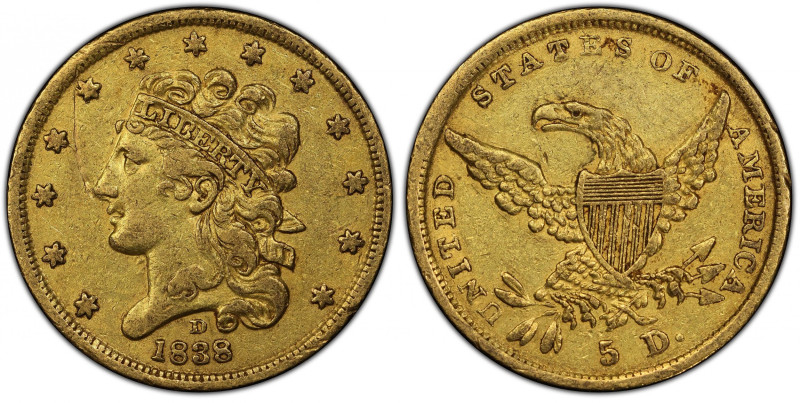 1838-D Classic Head Half Eagle. HM-1, Winter 1-A, the only known dies. Rarity-3....