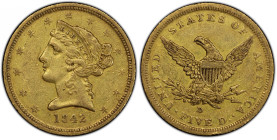 1842-D Liberty Head Half Eagle. Winter 7-E. Small Date, Small Letters. EF-45 (PCGS). CAC.
A richly colored example featuring bold shades of deep hone...