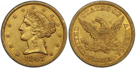 1843 Liberty Head Half Eagle. AU-55 (PCGS). CAC.
Frosty surfaces are faintly semi-prooflike in the fields. Near-fully lustrous with razor sharp strik...