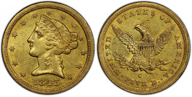 1843-C Liberty Head Half Eagle. Winter-1. Die State II. AU Details--Wheel Mark (PCGS).
Deep honey-orange and olive colors blanket surfaces that retai...