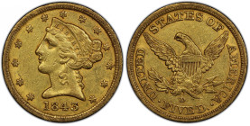 1843-D Liberty Head Half Eagle. Winter 9-F. Small D. AU-53 (PCGS).
The 1843 Small D variety is much scarcer than its Medium D counterpart from the sa...