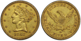 1843-D Liberty Head Half Eagle. Winter 10-G. Medium D. AU-50 (PCGS).
Handsome honey-olive surfaces display a sharp strike in most areas as well as mu...
