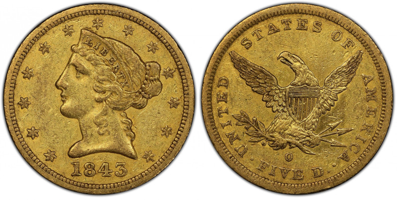1843-O Liberty Head Half Eagle. Small Letters. Winter-2. Die State I. EF Details...